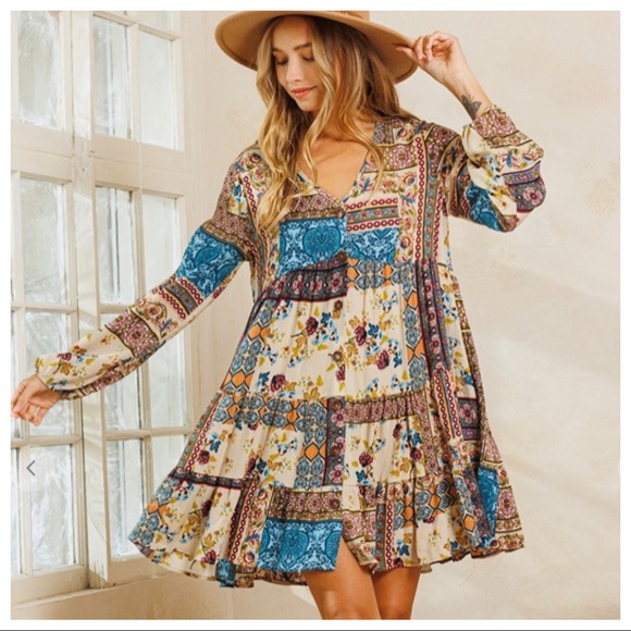 43 Boho Gypsy Chic Floral Tired Button Up Dress - Picture 3 of 4